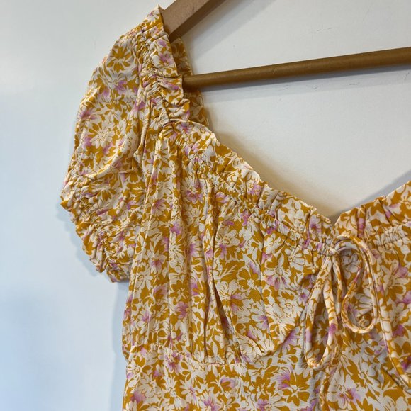 NWOT Daze Dayz Shirring Sleeves Midi Dress Yellow Floral Boho Size Medium - Picture 7 of 12
